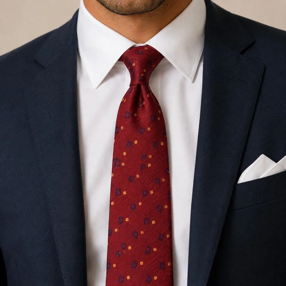 Lauren Ralph Lauren Neck Tie - Hand Finished In USA, 100% Silk - Dark Red Geo